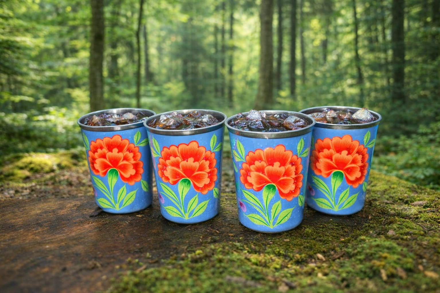 Set of 4 Stainless Steel tumblers ,hand painted glass with lead free colors by Kashmiri artist, Hand painted enamelware tumblers handcrafted